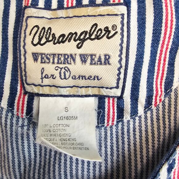VTG Wrangler Western Wear Blue/Red White Striped Denim Tank 100% Cotton WMNS S - Picture 5 of 5